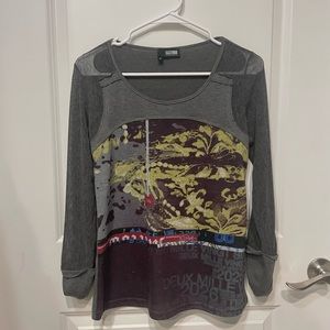 Vintage 2026 grey and purple graphic ruched mesh long sleeves shirt